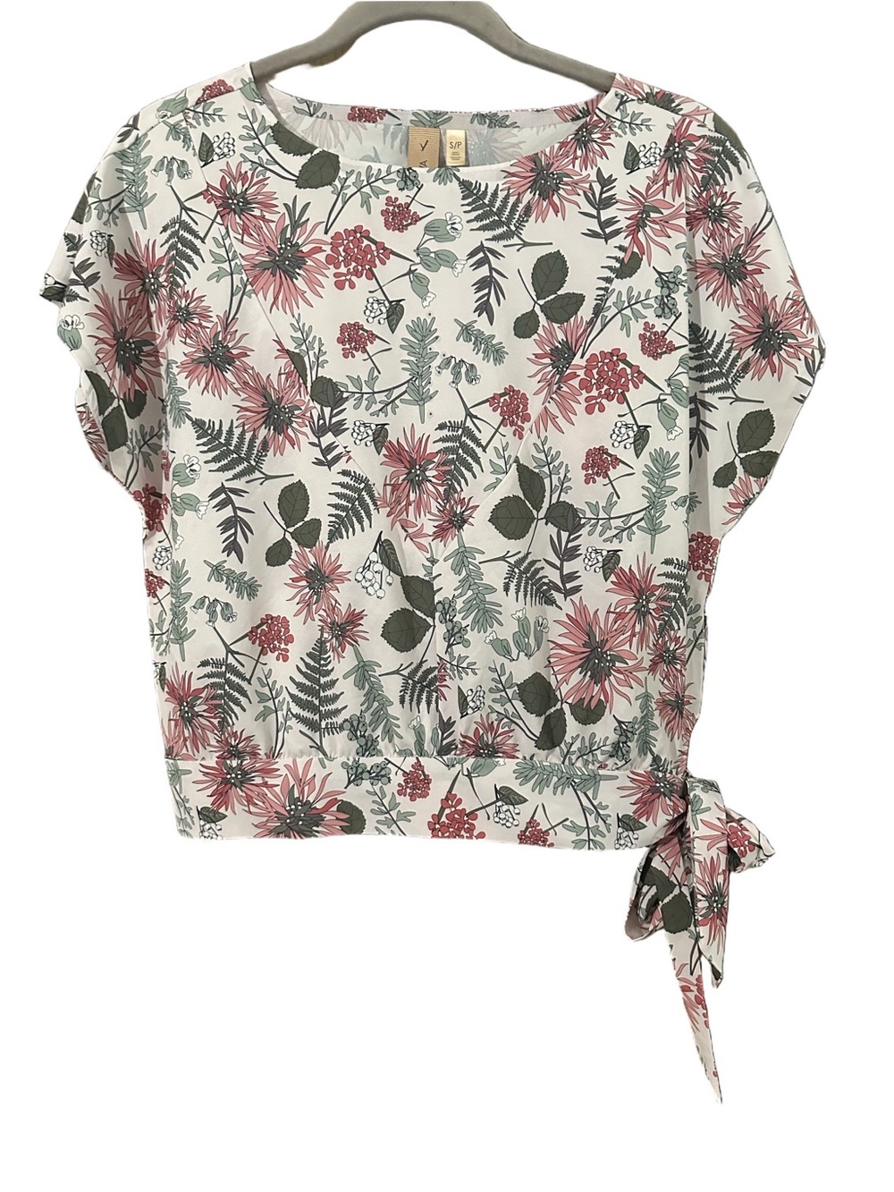 Indyeva Floral Boxy Tie-Hem Short Sleeve Top White with Pink & Green Size Small